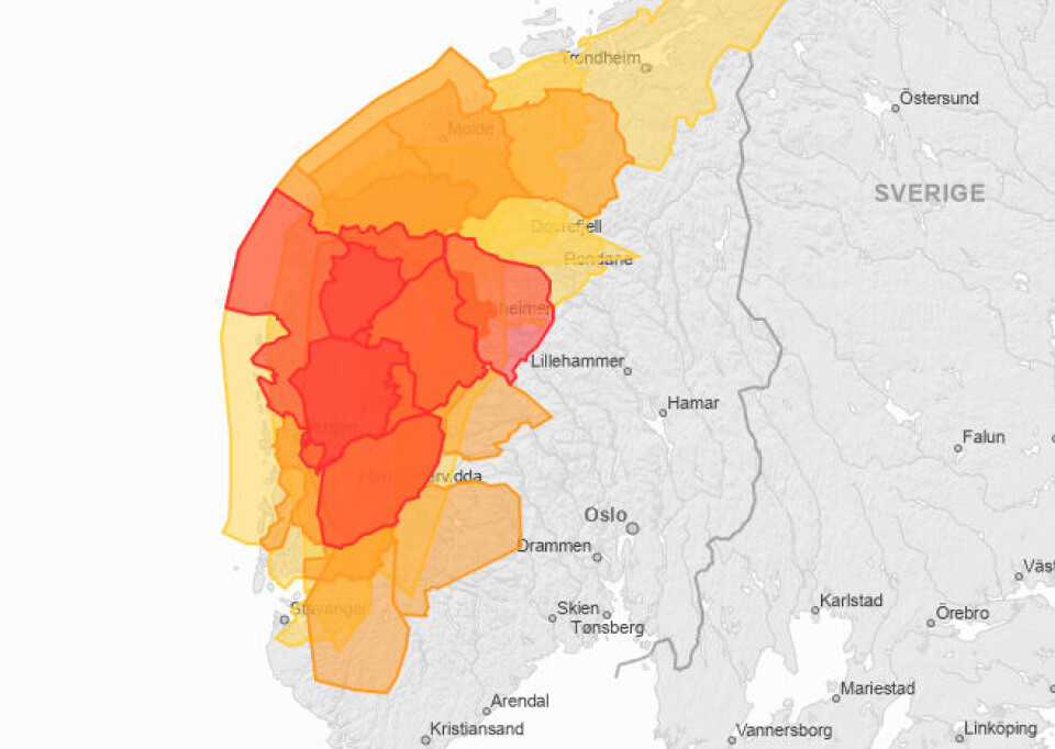Det er sendt ut farevarsel om mykje regn i tillegg til jord, sørpe- og flaumskred for delar av Møre og Romsdal, Vestland og Rogaland fylke. Foto: Varsom.no/handout/NTB/NPK.