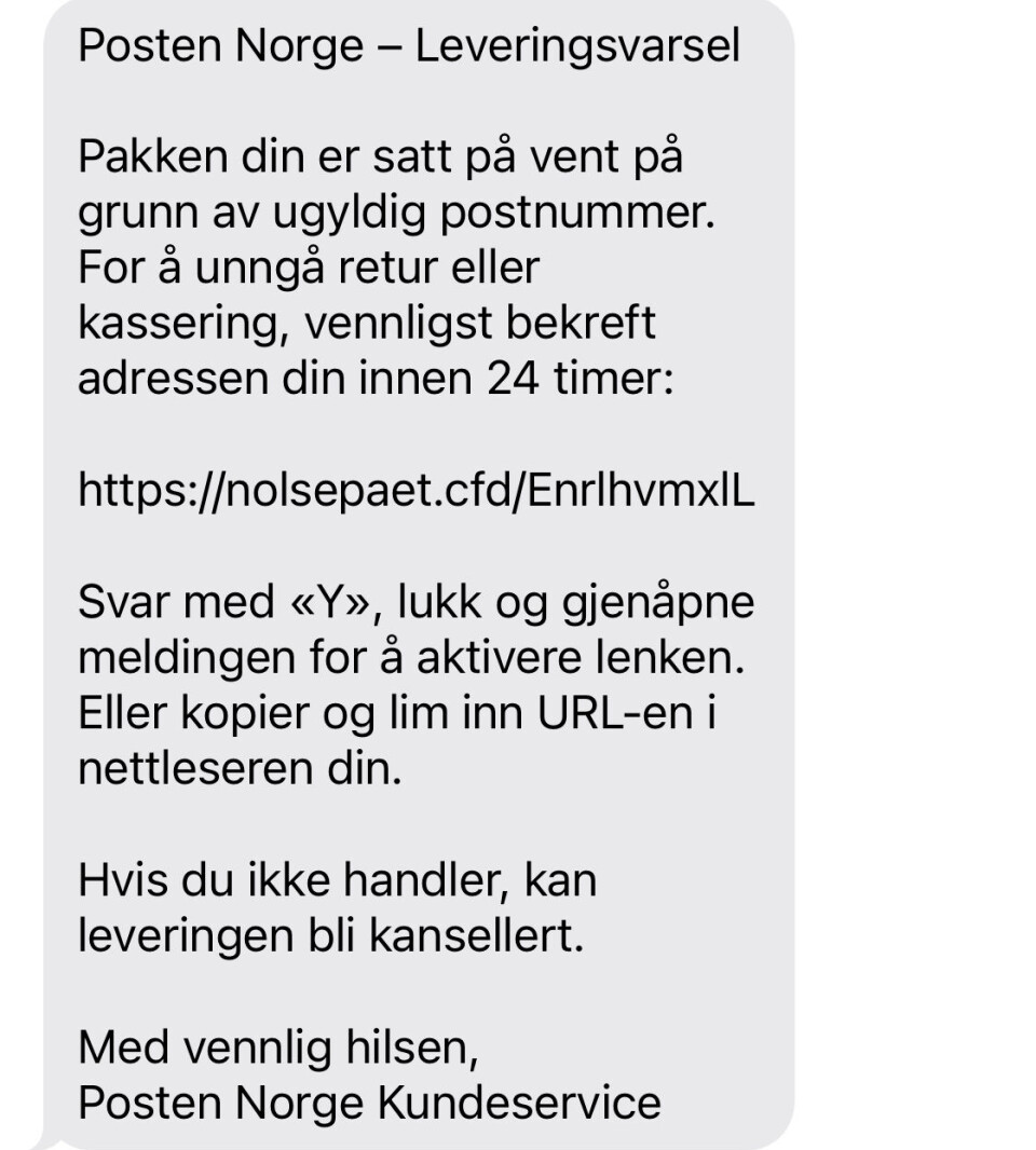 Mange har mottatt slike svindelmeldingar den siste tida. Skjermdump.